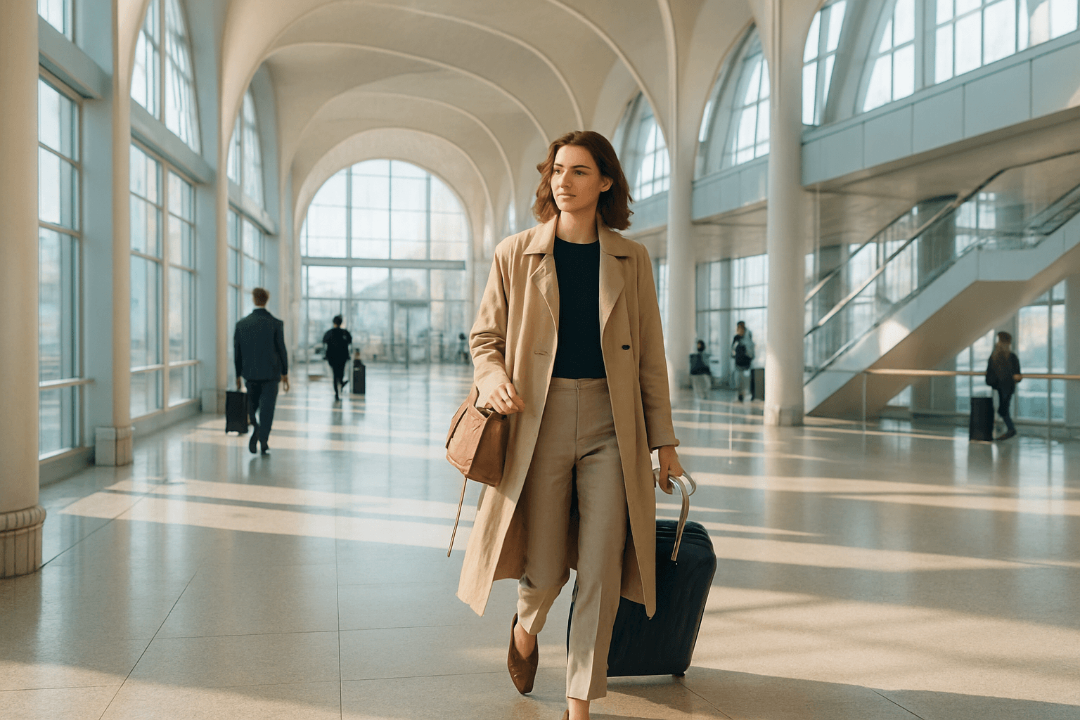 Traveller moving calmly through a bright European arrival space.
