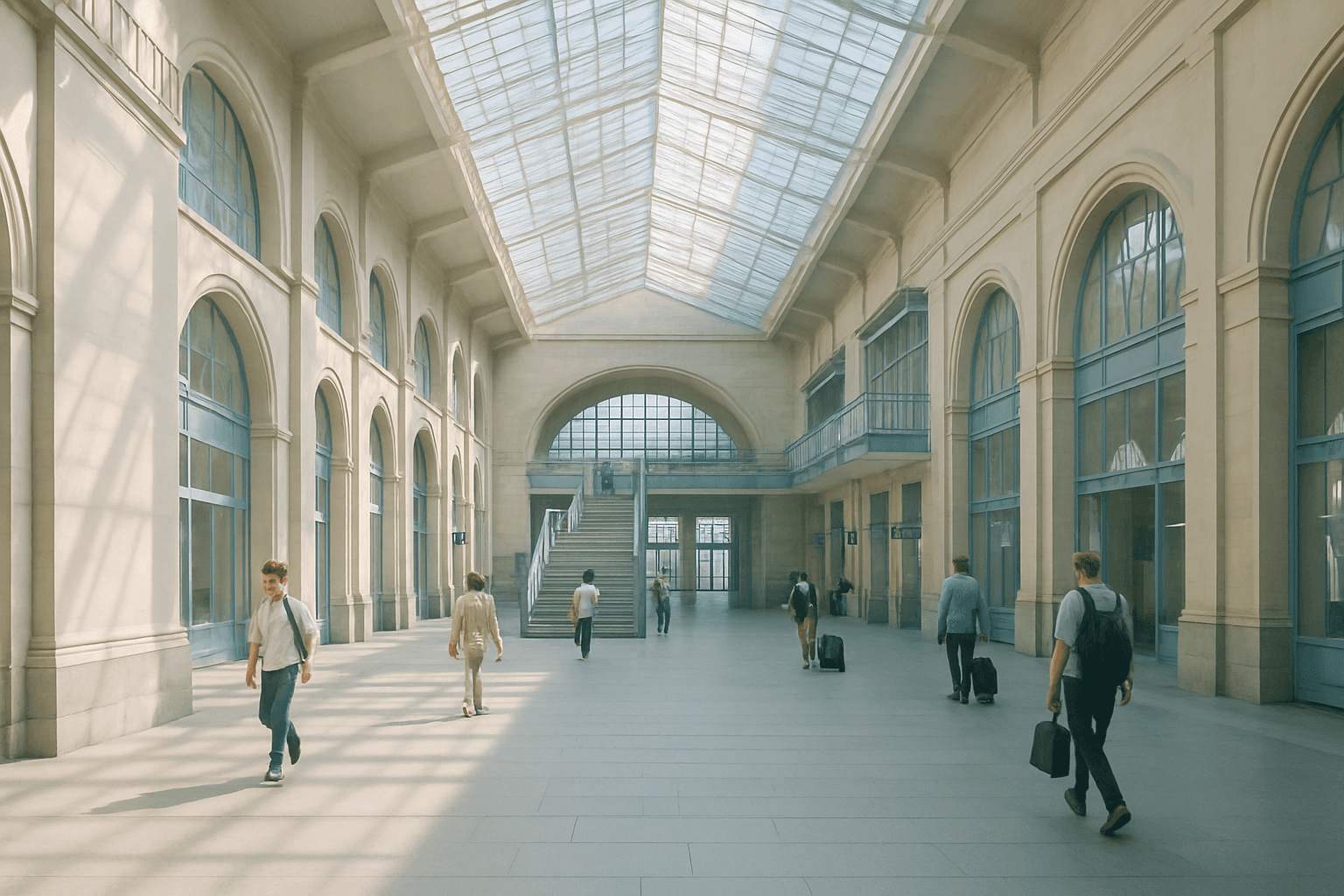 Soft, light-filled transport terminal scene in Europe.