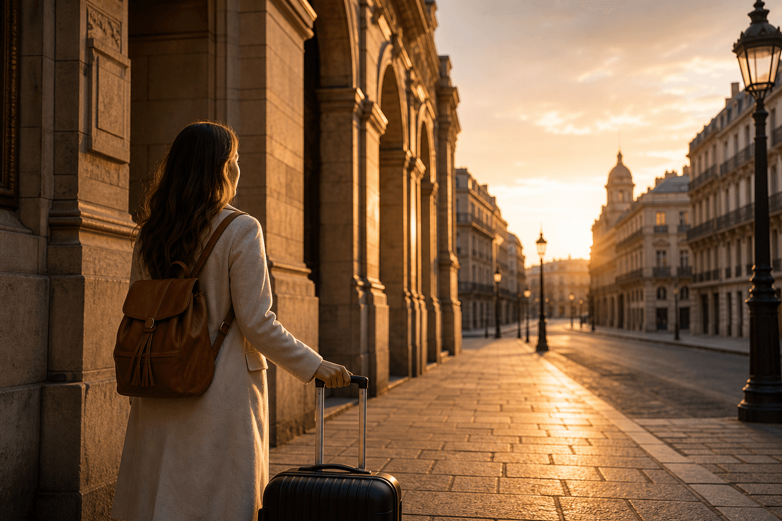 Calm European city travel atmosphere at golden light.