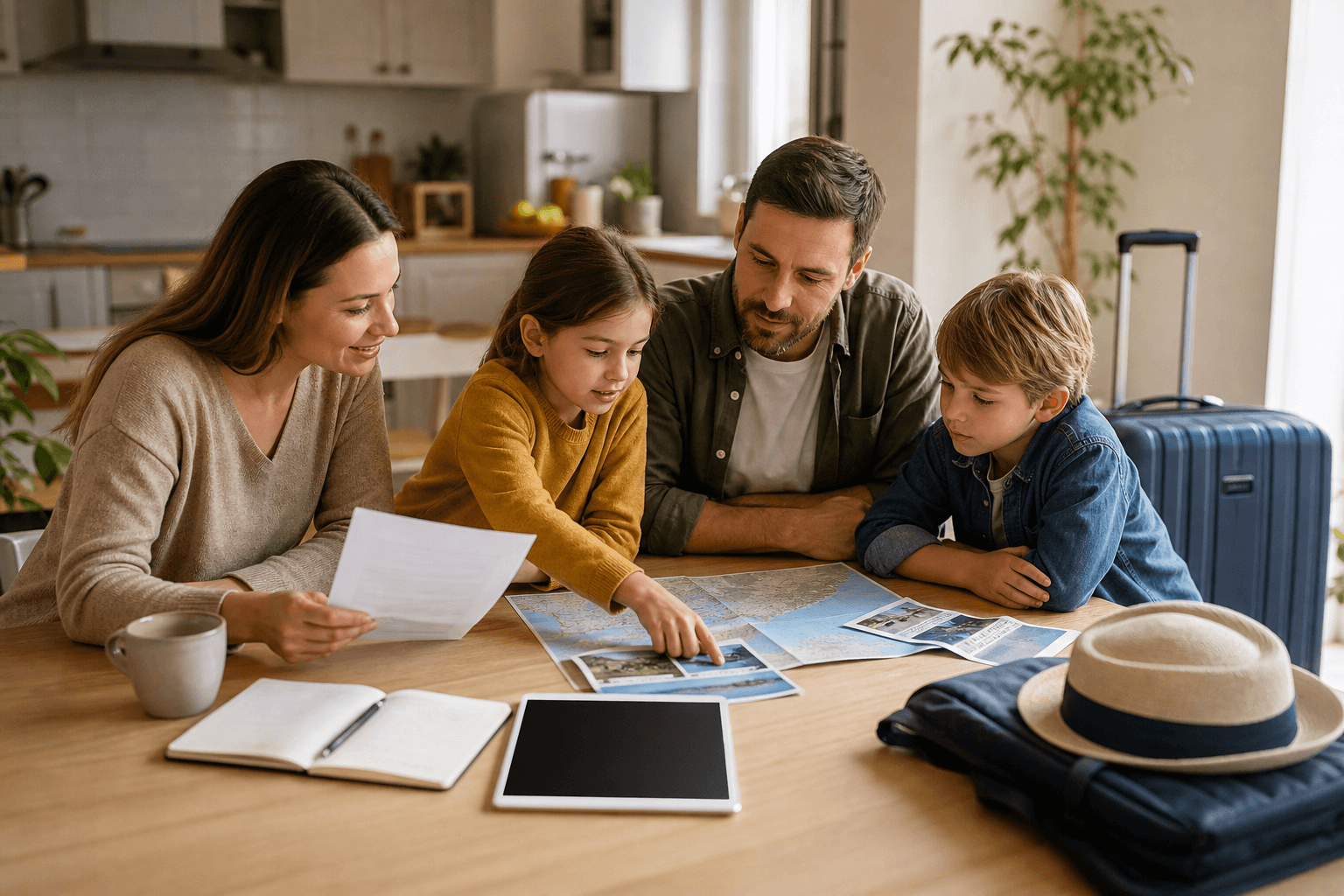 Family travel preparation scene with calm, premium atmosphere.