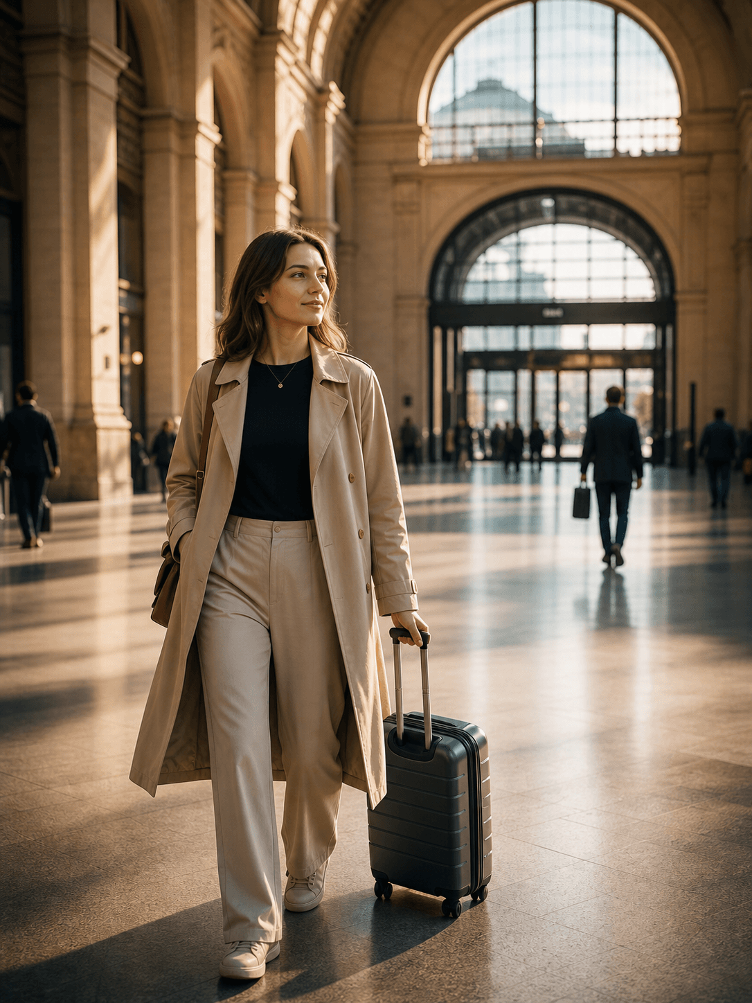 Traveller moving calmly through a bright European arrival area.