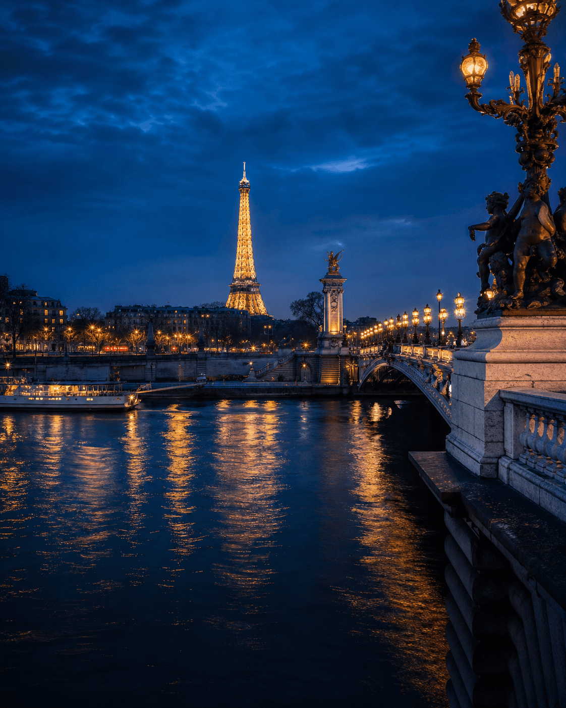 The Eiffel Tower and the Seine illuminated during blue hour in Paris.