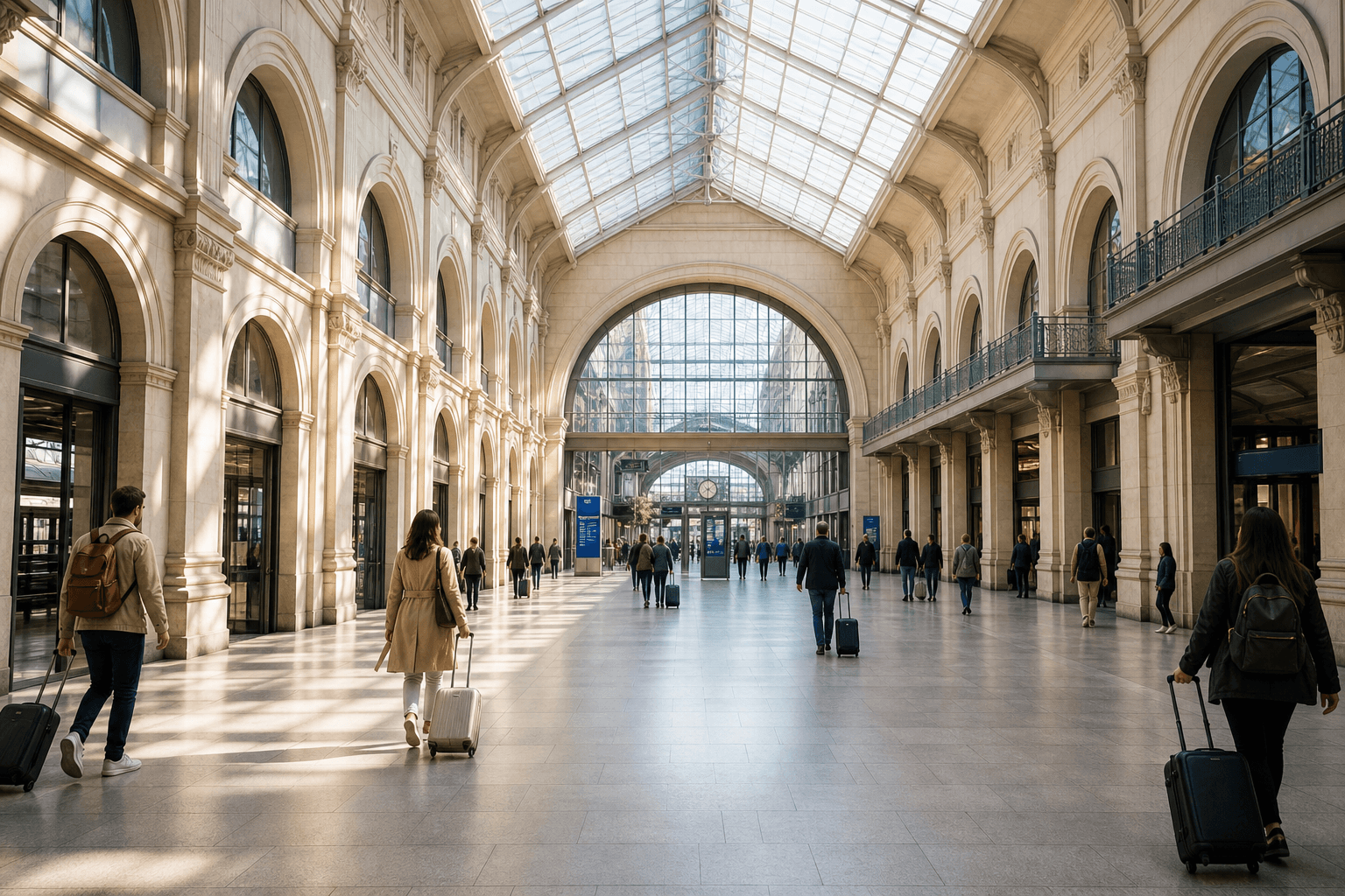 Light-filled European terminal interior with calm movement.